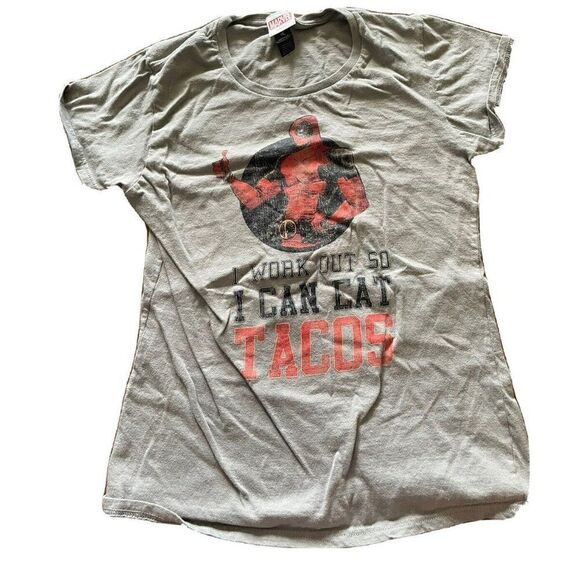 Women’s Marvel Deadpool “I Workout So I Can Eat Tacos” V-Neck T Shirt - Picture 1 of 6